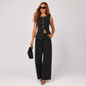 Adrienne Bellini | Denim Outfit Sæt med Figursyet Top og Wide-Leg Bukser