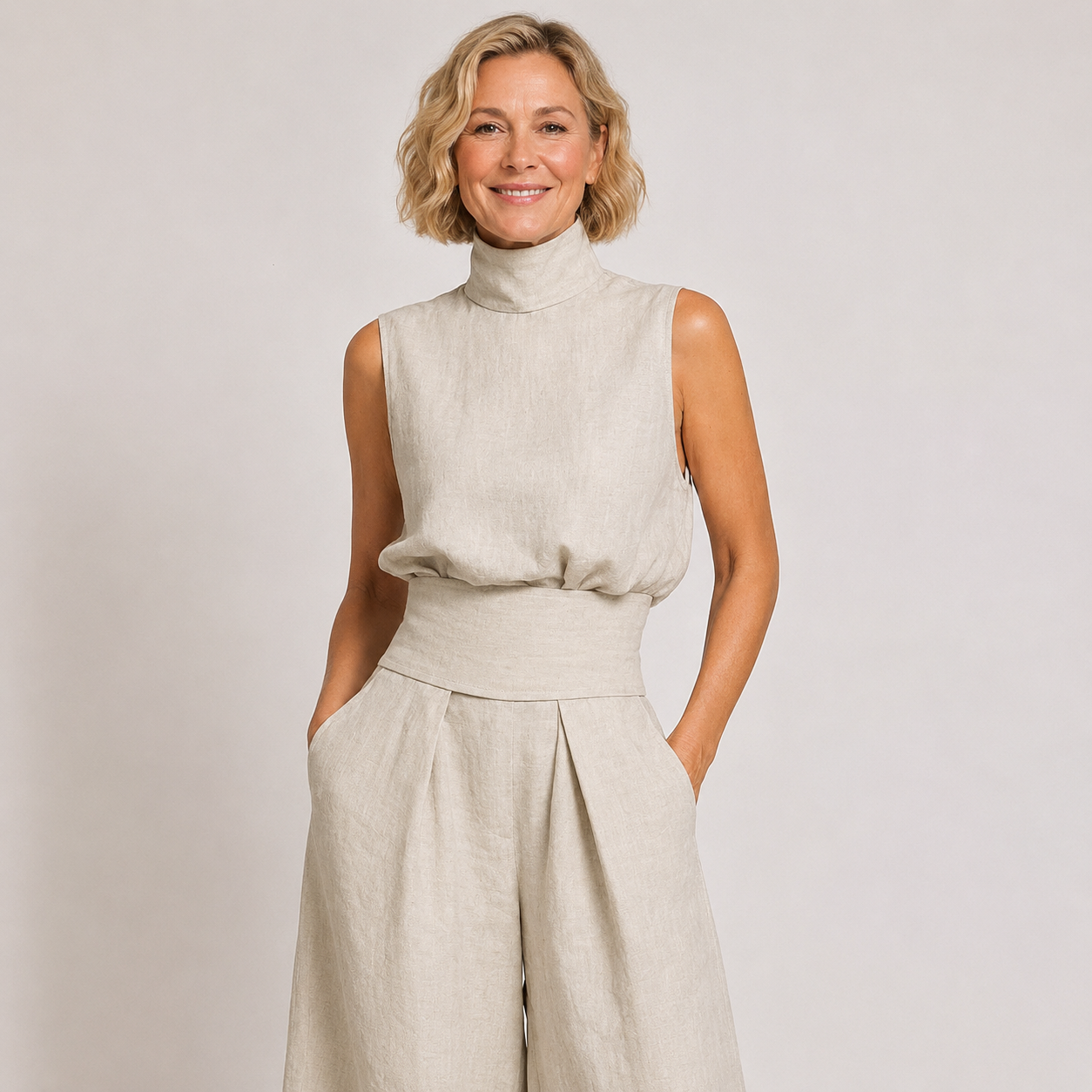 Solène Marchetti | Linned to-delt sæt med turtleneck top og brede bukser til kvinder