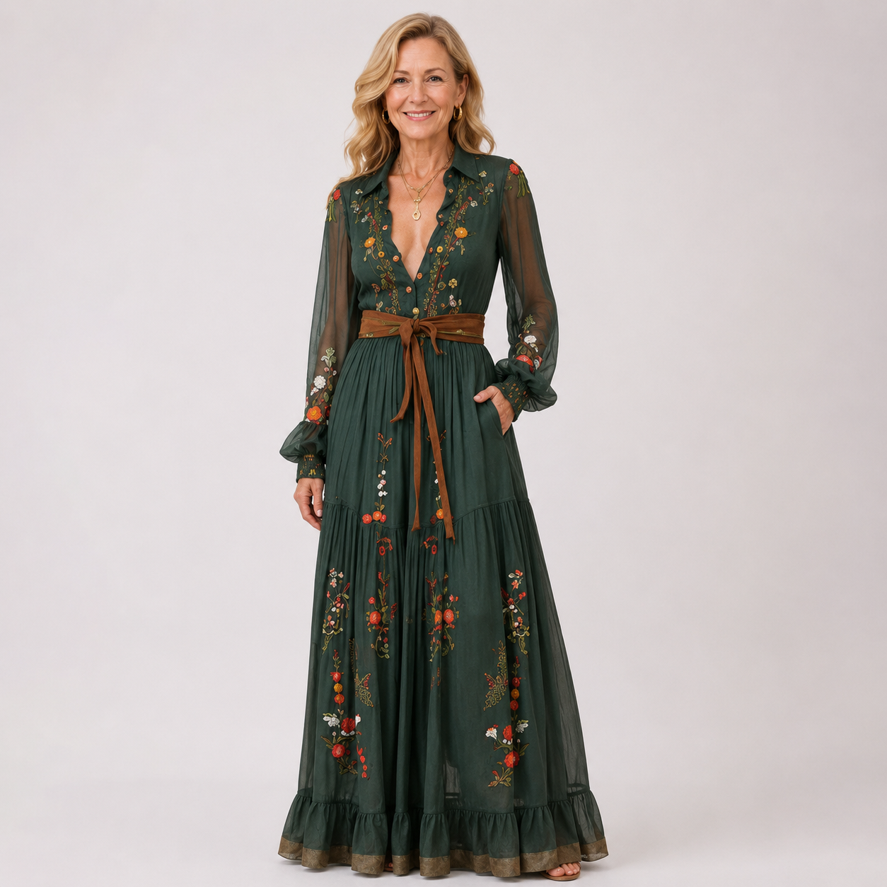 Rosalinde Navarro | Boho maxi-kjole med blomsterbroderi og lange ærmer til kvinder