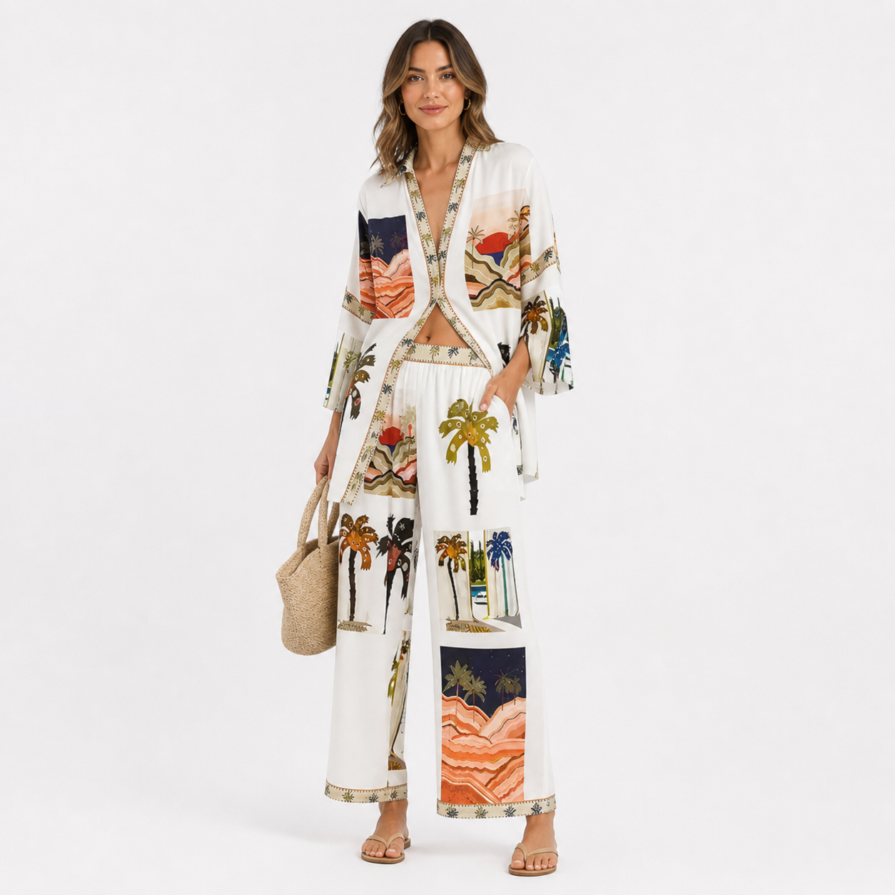 Francesca Bellamy | Strand-Kimono-Sæt i hvid med tropiske prints