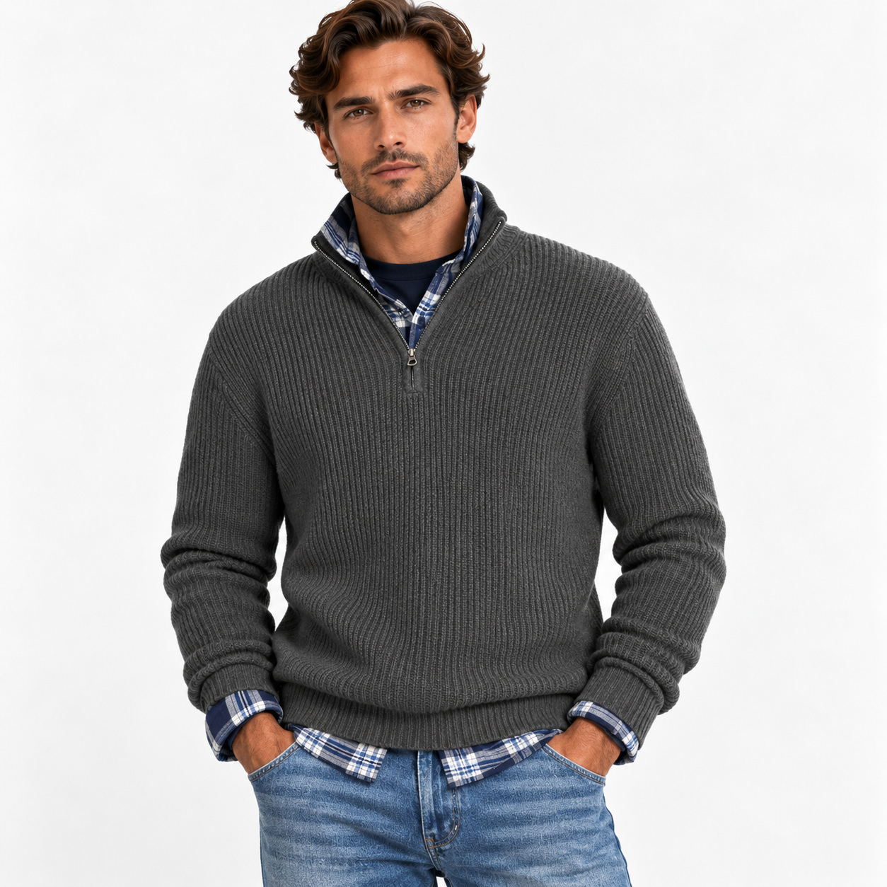 Jonas Werner | Ribstrikket Sweater med Kvart Lynlås og Høj Krave