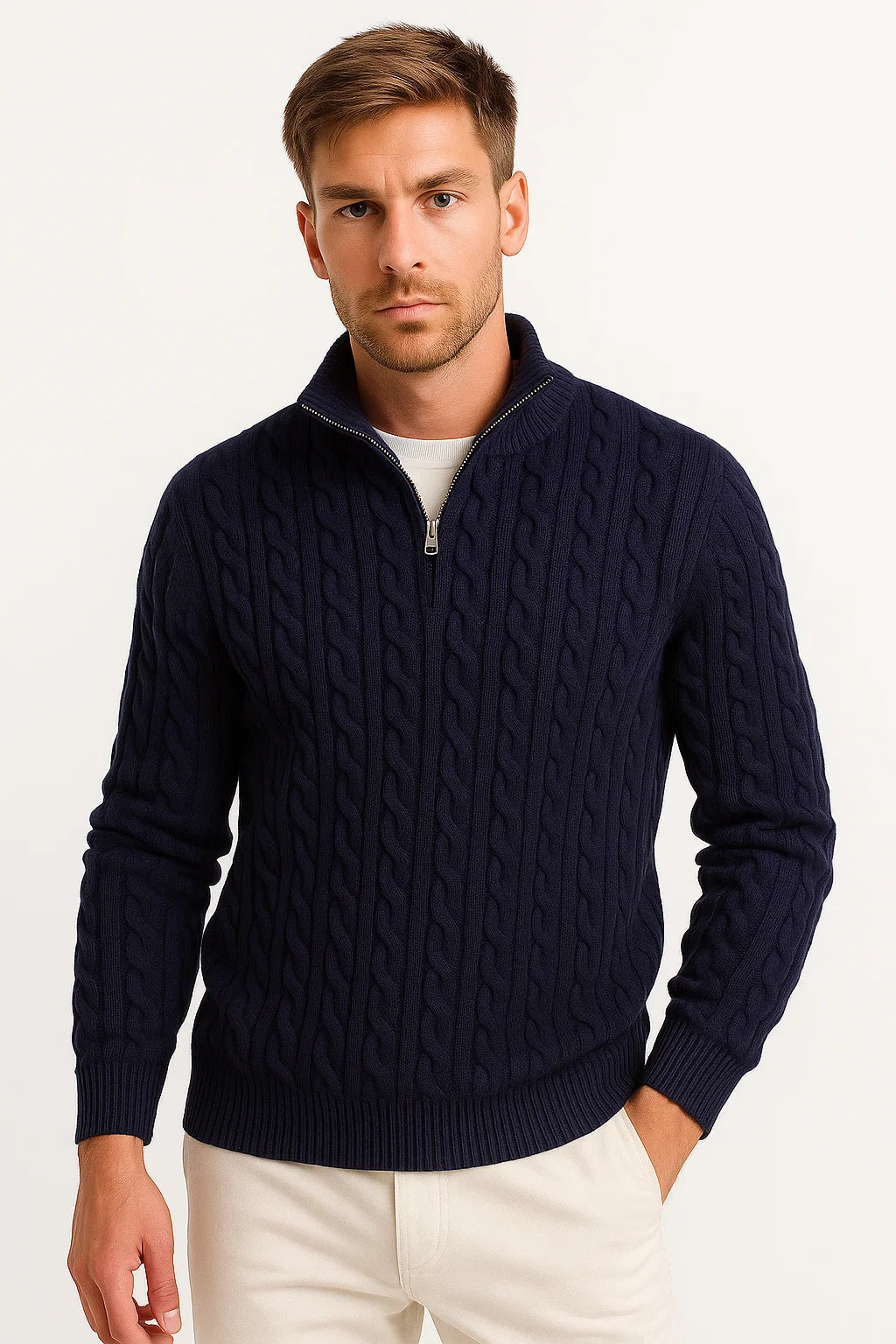 Kasper Wittrup | Kabelstrikket Sweater med Halv-Lynlås i Marineblå