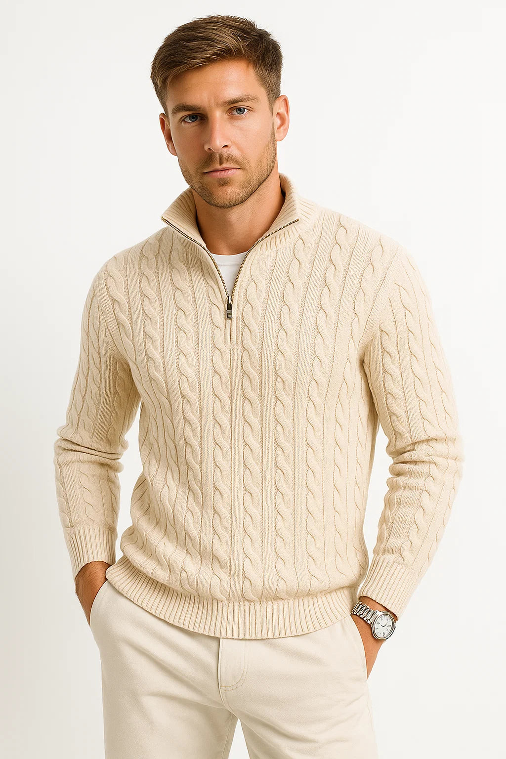 Kasper Wittrup | Kabelstrikket Sweater med Halv-Lynlås i Marineblå