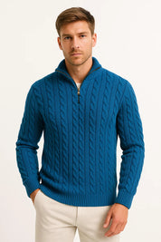Kasper Wittrup | Kabelstrikket Sweater med Halv-Lynlås i Marineblå
