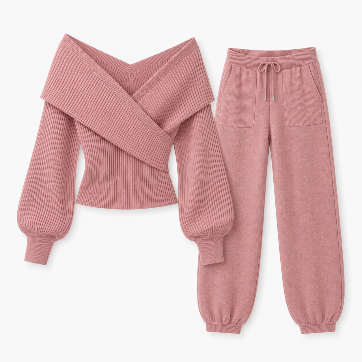 Elin Berggren | Off-shoulder Strikket Two-piece Sæt i Pink