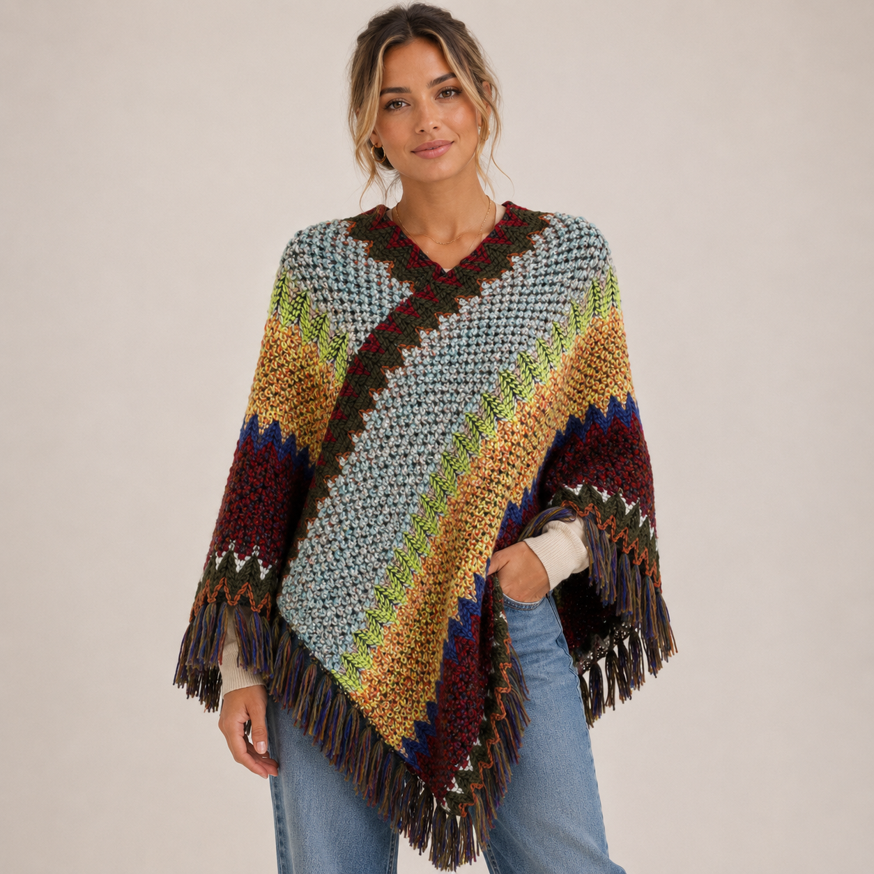 Eva Kirkegaard | Ethnischer Poncho-Schal mit Fransen für Damen