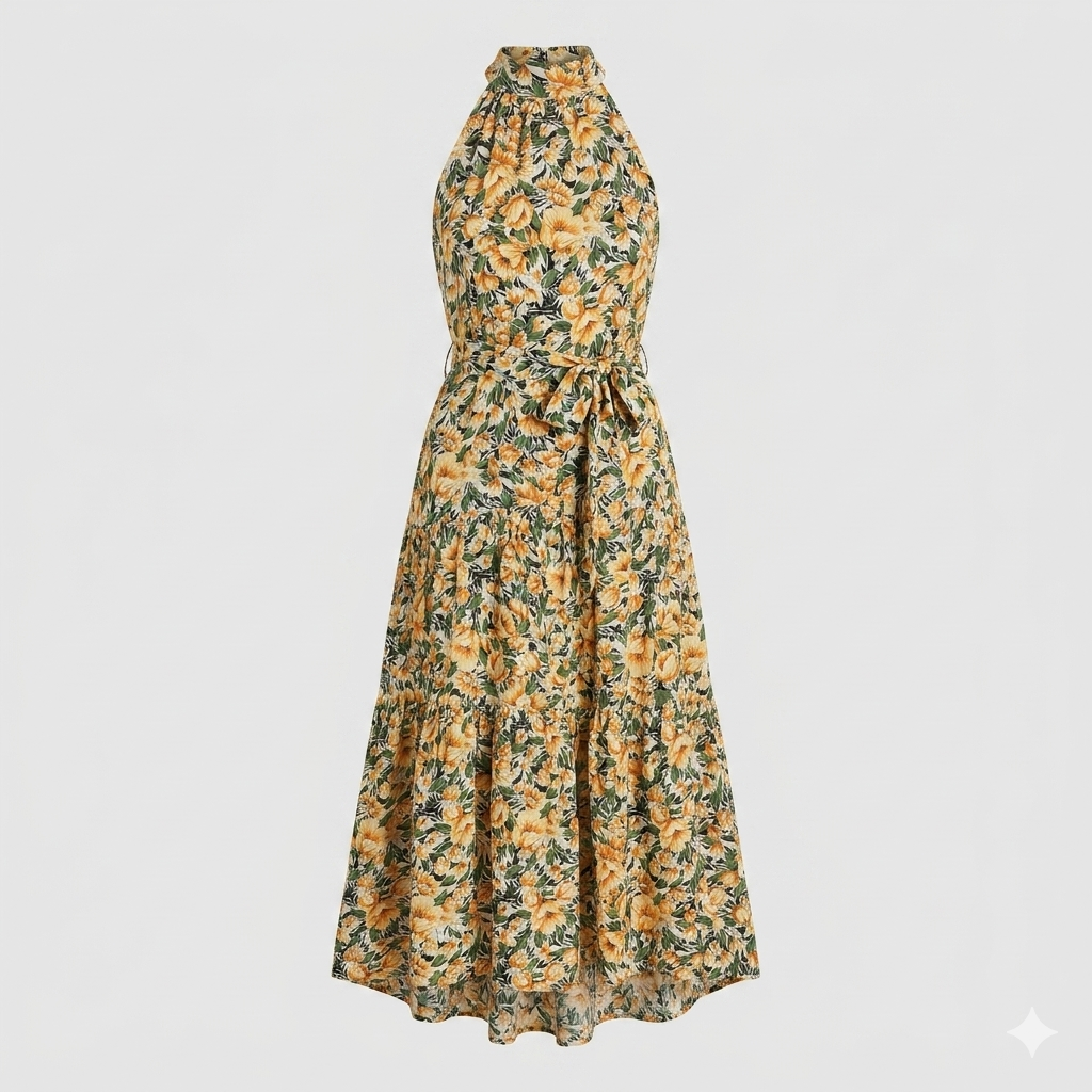 Livia Santorini | Maxi-sommerkjole med blomsterprint og halterneck