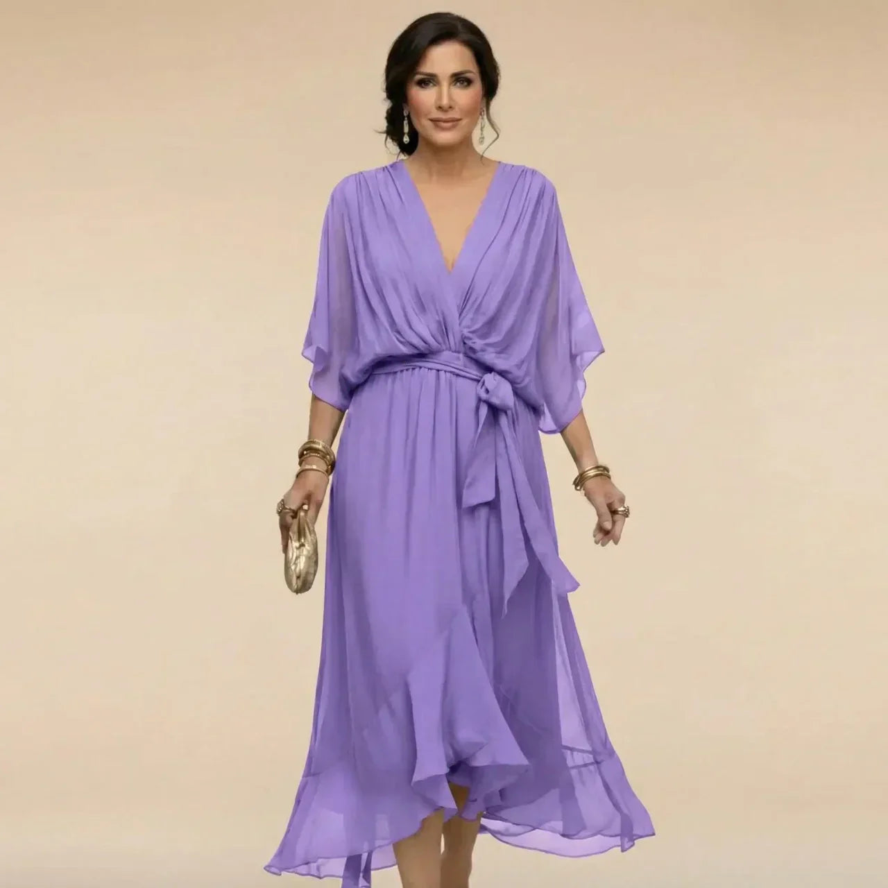 Susanne Ravn | Midi-kjole med V-hals i olivengrøn