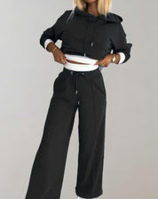 Malene Krog | Black hooded sweatshirt set with wide-leg trousers