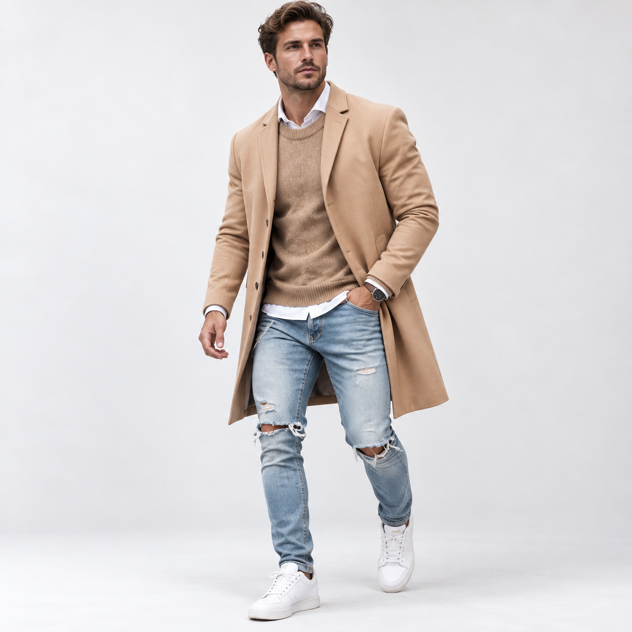 Marco Dinelli | Lang Trenchcoat i Khaki med Slank Pasform