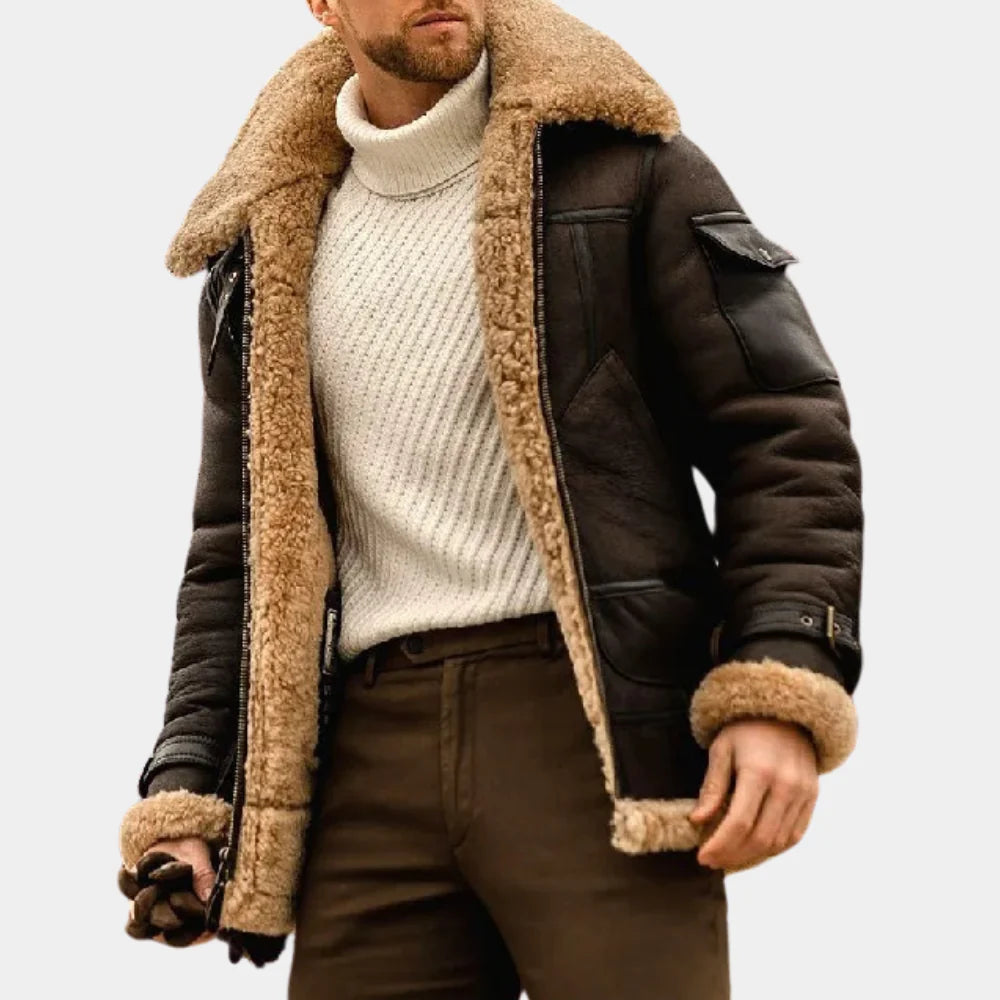 Anders Bruun | Aviator-Lederwinterjacke mit Lammfellkragen