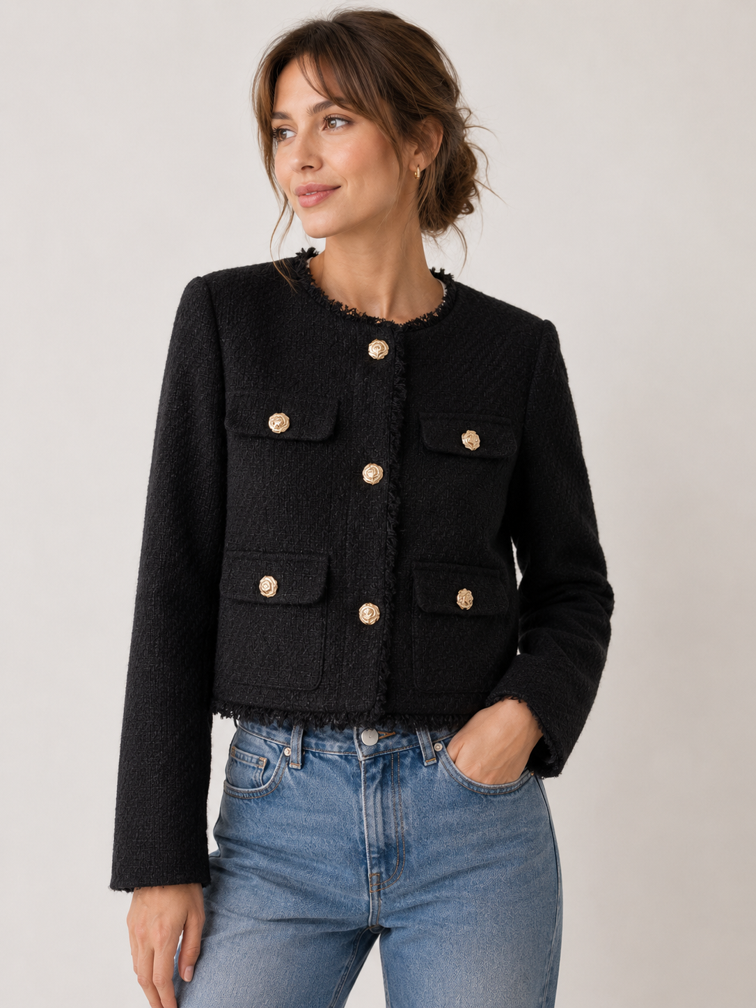 Laura Pedersen | Tweed-jakke i cropped fit med frynsekant