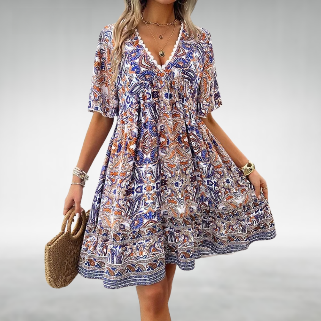 Fiona Castellano | Midi-Boho-Kjole med Paisley Print og V-Hals