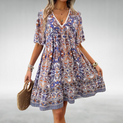 Fiona Castellano | Midi-Boho-Kjole med Paisley Print og V-Hals