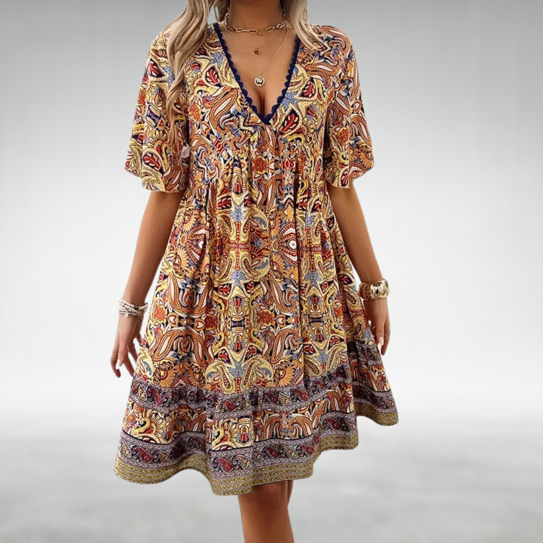 Fiona Castellano | Midi-Boho-Kjole med Paisley Print og V-Hals