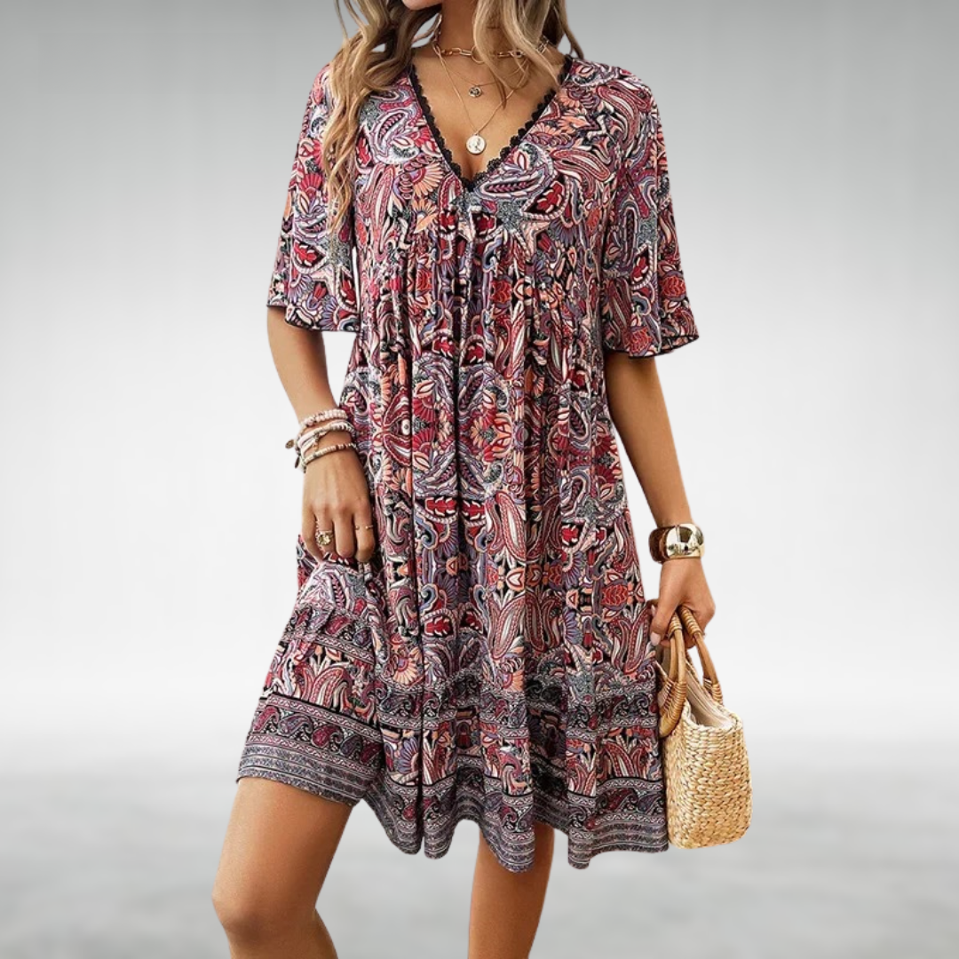 Fiona Castellano | Midi-Boho-Kjole med Paisley Print og V-Hals