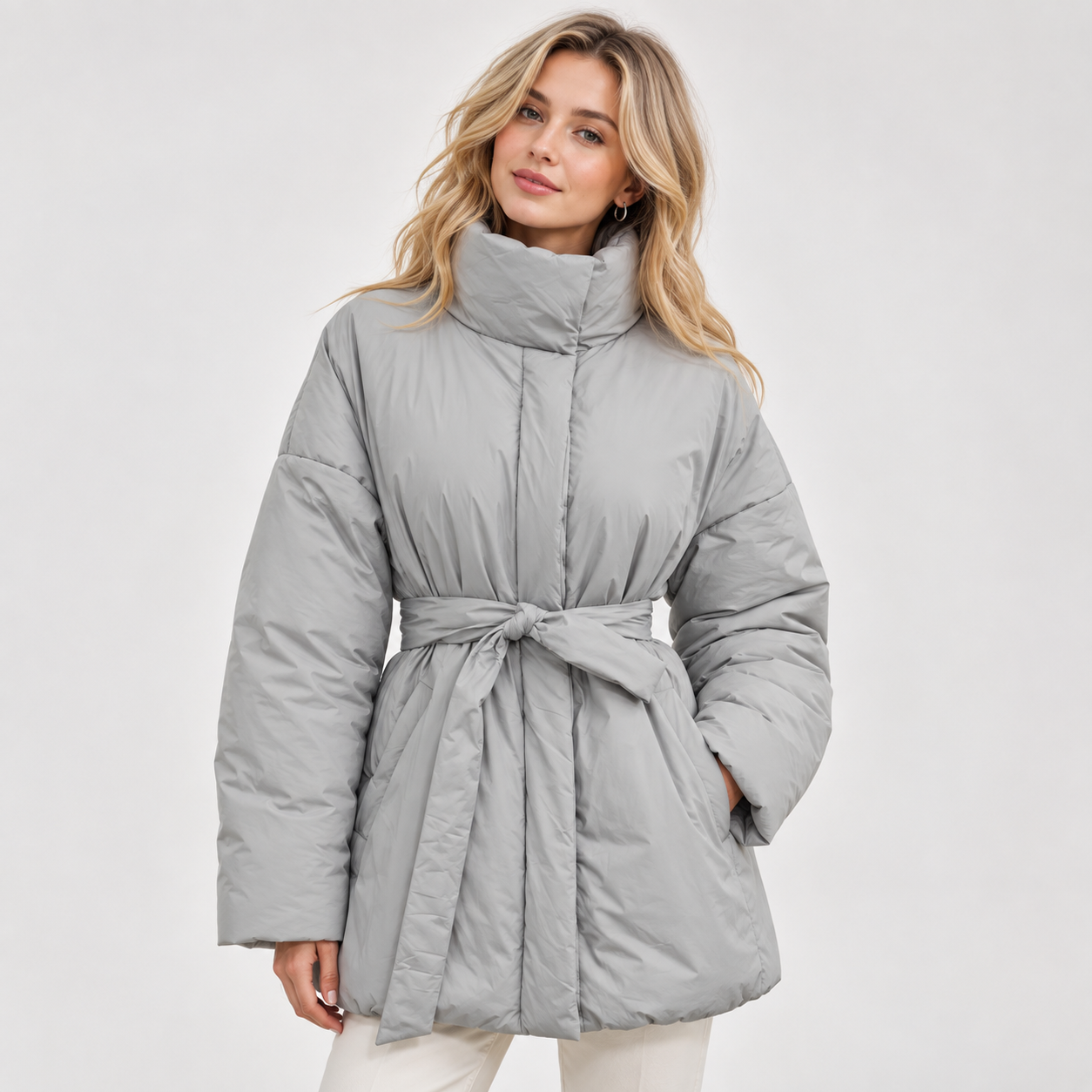 Maja Nielsen | Wattierte Jacke mit Bindegürtel und Stehkragen