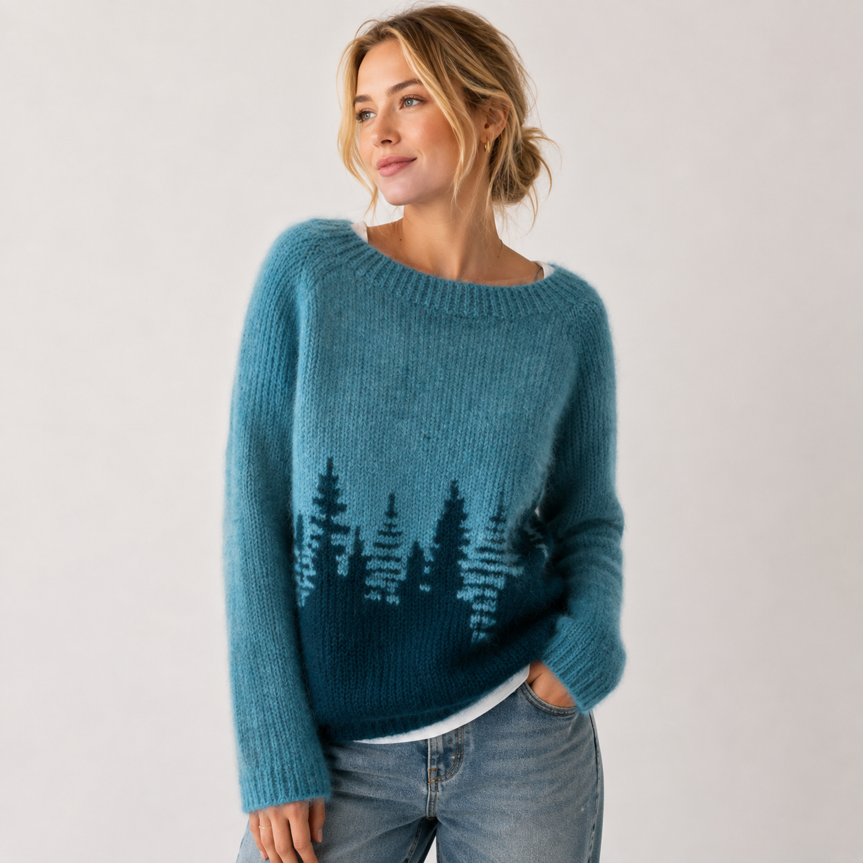 Malene Vinther | Blauer Strickpullover mit Waldmotiv für Damen