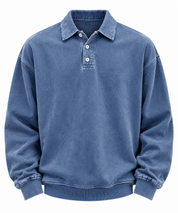 Bertram Kristensen | Vasket Blå Polo Sweatshirt med Knapdetaljer