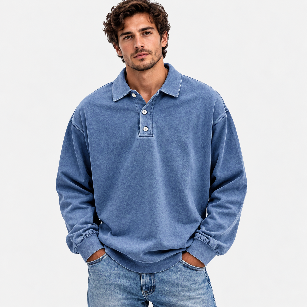 Bertram Kristensen | Vasket Blå Polo Sweatshirt med Knapdetaljer
