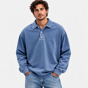 Bertram Kristensen | Vasket Blå Polo Sweatshirt med Knapdetaljer