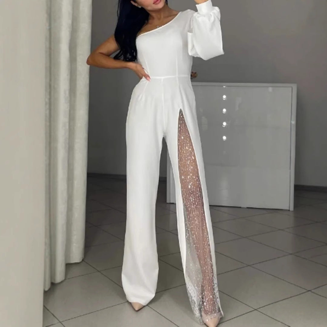 Serena Villanueva | Sort jumpsuit med mesh-pailletpanel og lange ærmer til kvinder
