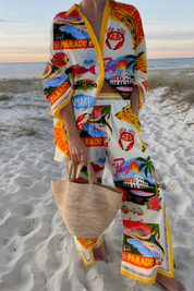 Francesca Bellamy | Strand-Kimono-Sæt i hvid med tropiske prints
