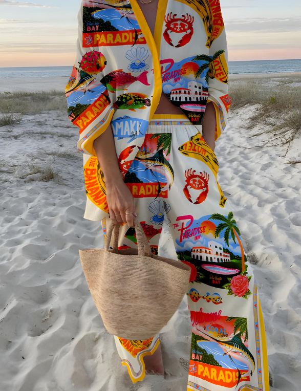 Francesca Bellamy | Strand-Kimono-Sæt i hvid med tropiske prints