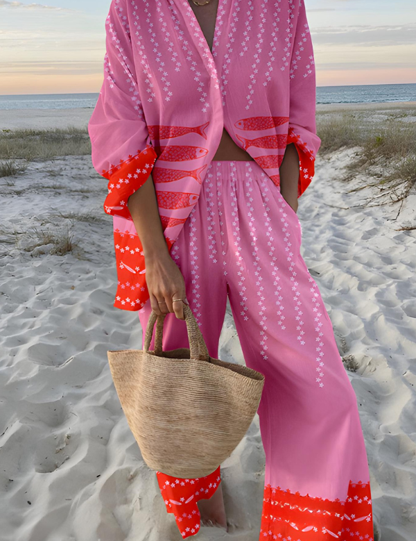 Francesca Bellamy | Strand-Kimono-Sæt i hvid med tropiske prints