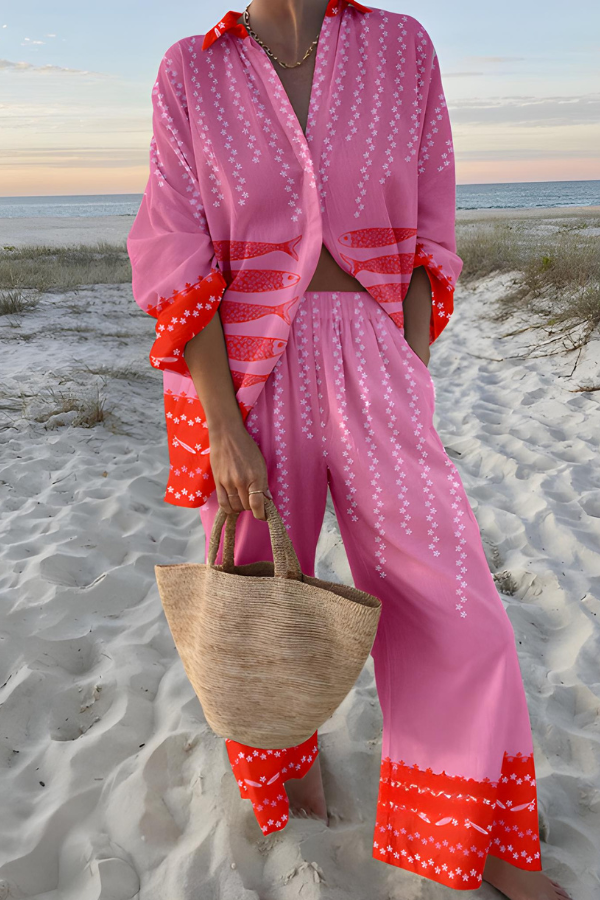 Francesca Bellamy | Strand-Kimono-Sæt i hvid med tropiske prints