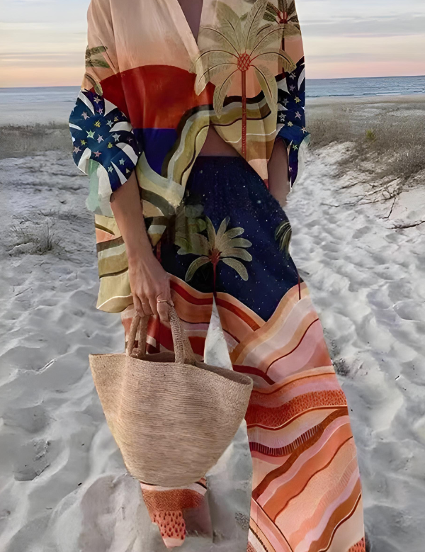 Francesca Bellamy | Strand-Kimono-Sæt i hvid med tropiske prints