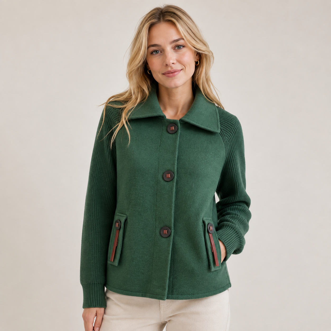 Pernille Olsen | Green Winter Jacket with Knit Sleeves and High Collar