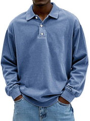 Bertram Kristensen | Vasket Blå Polo Sweatshirt med Knapdetaljer