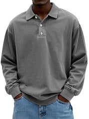 Bertram Kristensen | Vasket Blå Polo Sweatshirt med Knapdetaljer