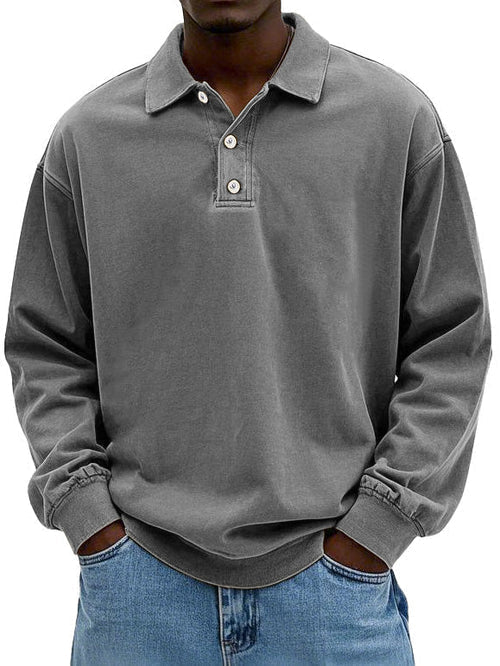 Bertram Kristensen | Vasket Blå Polo Sweatshirt med Knapdetaljer