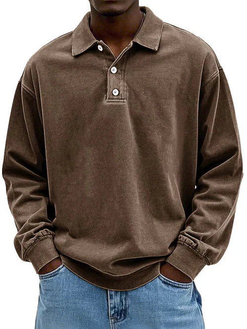 Bertram Kristensen | Vasket Blå Polo Sweatshirt med Knapdetaljer