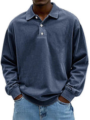 Bertram Kristensen | Vasket Blå Polo Sweatshirt med Knapdetaljer