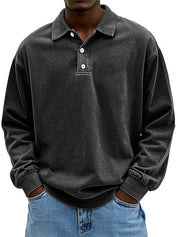 Bertram Kristensen | Vasket Blå Polo Sweatshirt med Knapdetaljer