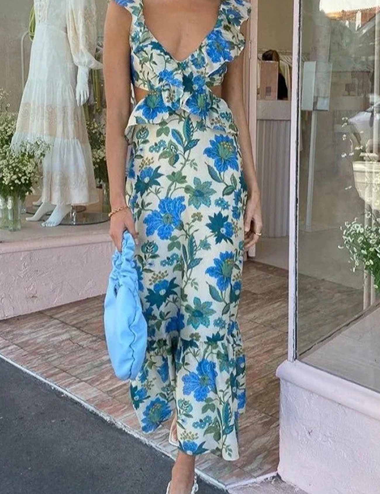 Rosanna Valmont | Blomstret Maxi-Kjole Med Flæser
