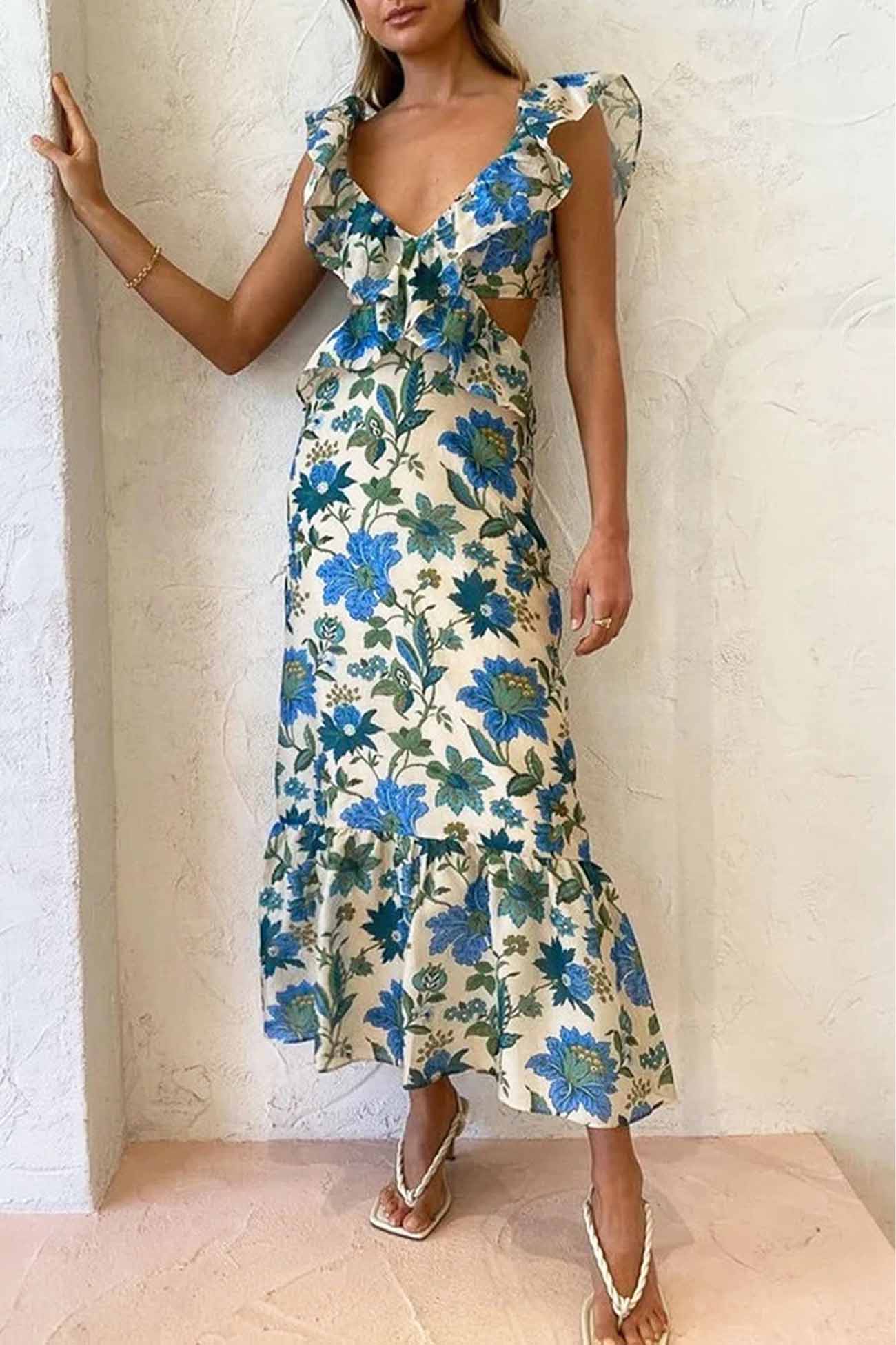 Rosanna Valmont | Blomstret Maxi-Kjole Med Flæser
