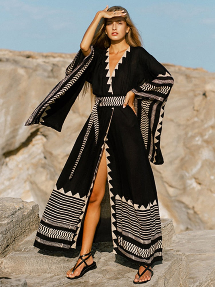 Margherita Navarro | Etnisk Kaftan i Midi-længde med Geometrisk Print