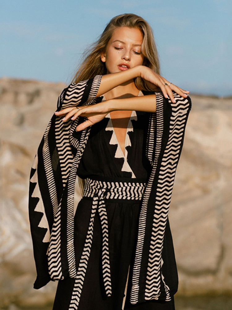 Margherita Navarro | Etnisk Kaftan i Midi-længde med Geometrisk Print