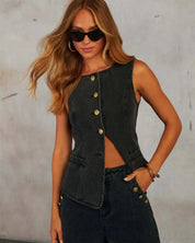 Adrienne Bellini | Denim Outfit Sæt med Figursyet Top og Wide-Leg Bukser