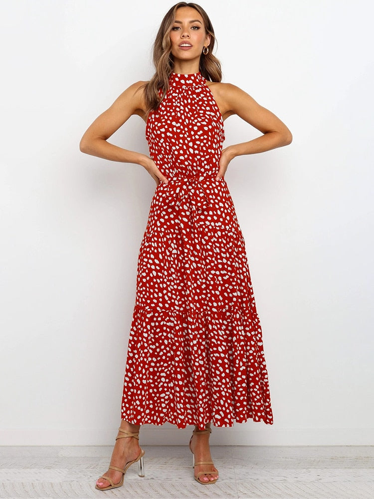 Camille Laurent | Maxi-sommerkjole i rød med elegant halterneck