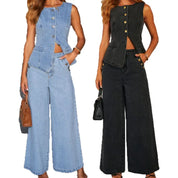 Adrienne Bellini | Denim Outfit Sæt med Figursyet Top og Wide-Leg Bukser