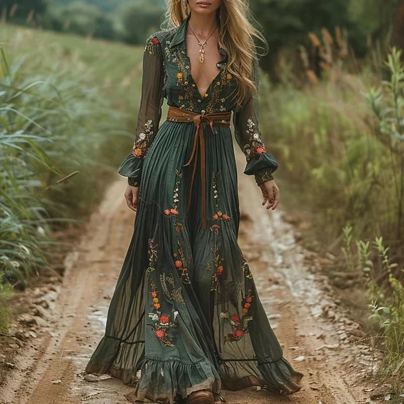 Rosalinde Navarro | Boho maxi-kjole med blomsterbroderi og lange ærmer til kvinder