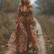 Rosalinde Navarro | Boho maxi-kjole med blomsterbroderi og lange ærmer til kvinder