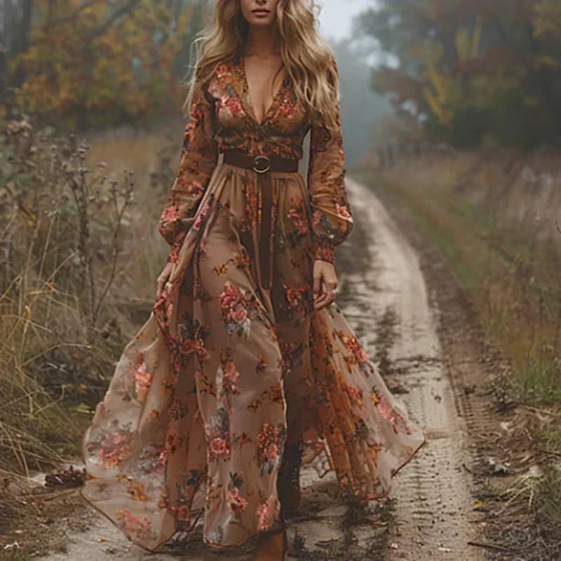 Rosalinde Navarro | Boho maxi-kjole med blomsterbroderi og lange ærmer til kvinder