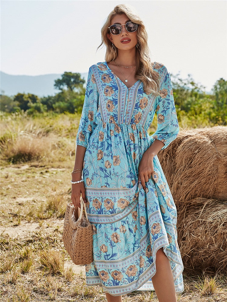 Antonia Rosewood | Midi-Bohemekjole med Blomsterprint og 3/4-Ærmer