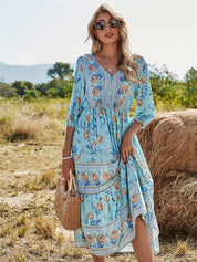 Antonia Rosewood | Midi-Bohemekjole med Blomsterprint og 3/4-Ærmer